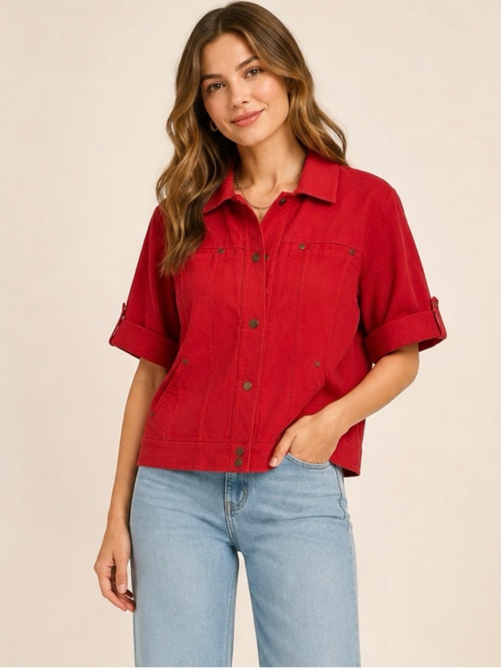 Coldwater Creek Red Linen Cotton Utility Jacket Size 18